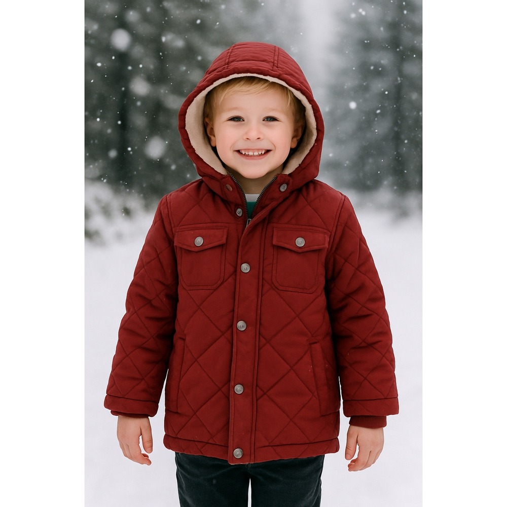 Perry Ellis Boys Quilted Hooded Jacket Size 7 Burgundy Coat Sherpa Lined Winter